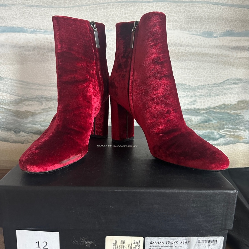 Saint Laurent Red Velvet Ankle Boots